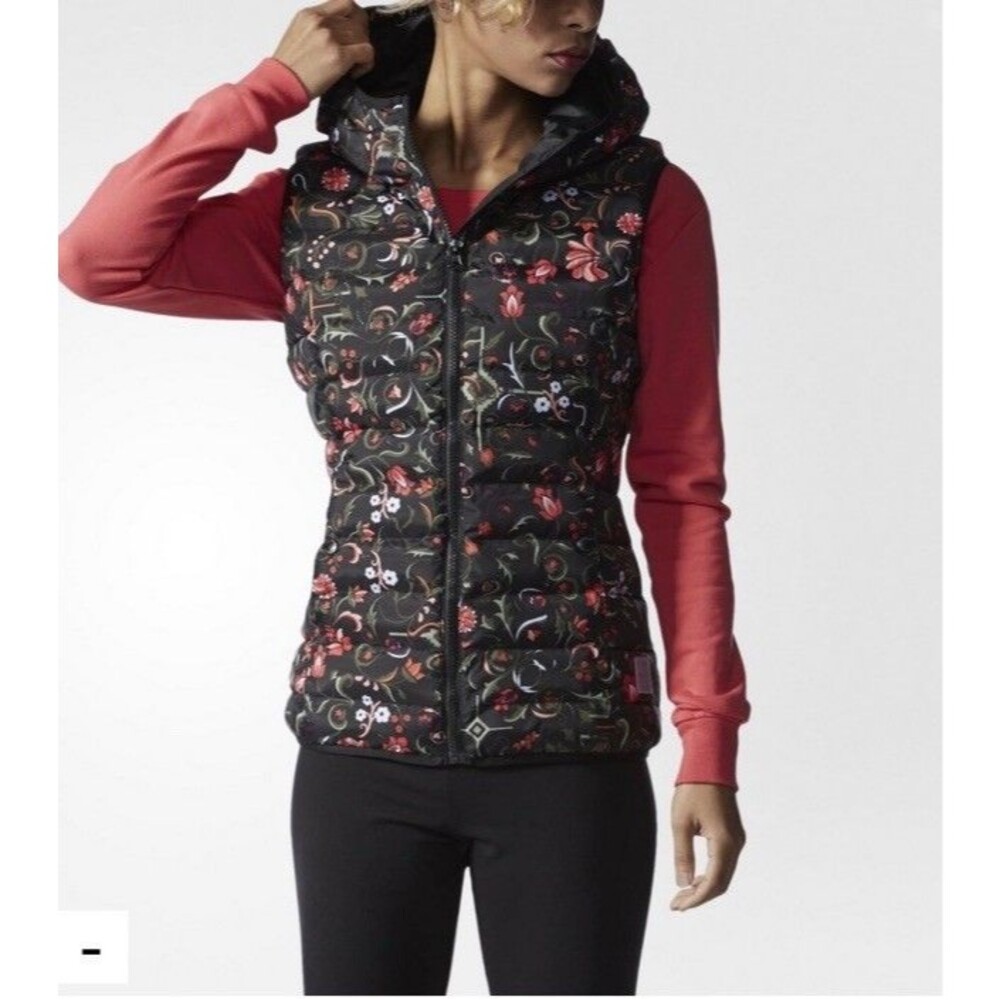 Adidas  Originals Puffer Vest Women’s  Small  Hooded Black Floral Print Full Zip